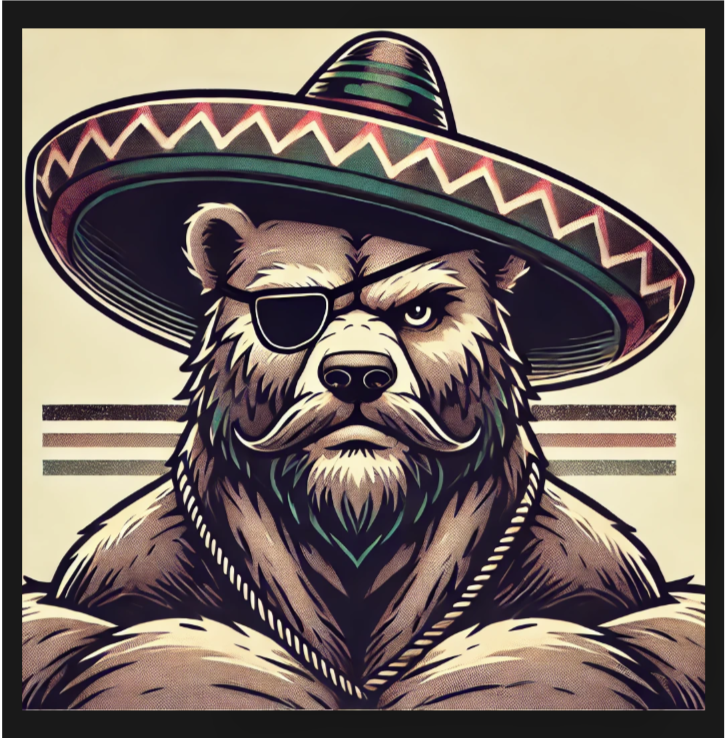An eyepatched bear wearing a decorated sombrero