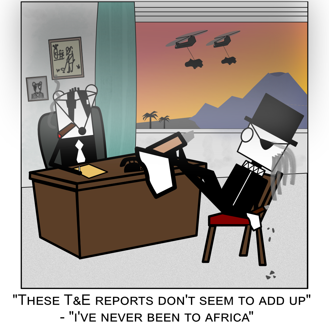 A manager questions a top-hatted employee about travel and expense reports while helicopters carry bears past the office window